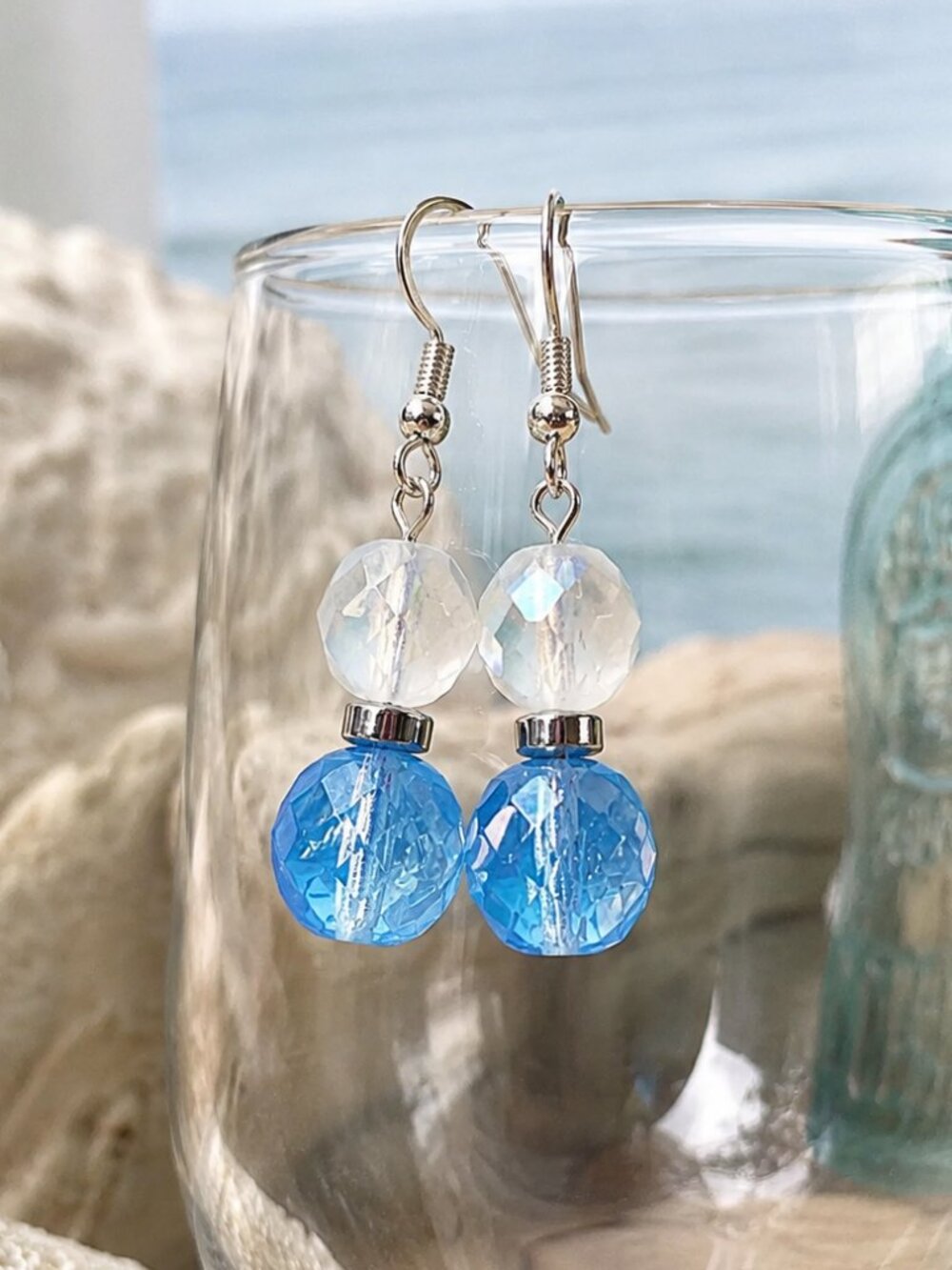 Celestial Ice Blue Opal Faceted Glass Drop Earrings, Sterling Silver Hooks